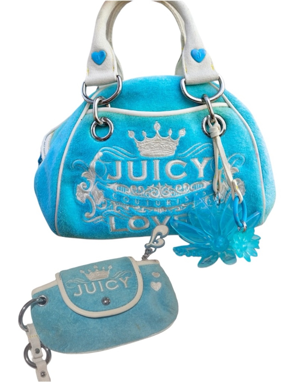 Juicy Couture Turquoise Velour Satchel with Matching Pouch and Flower Charm